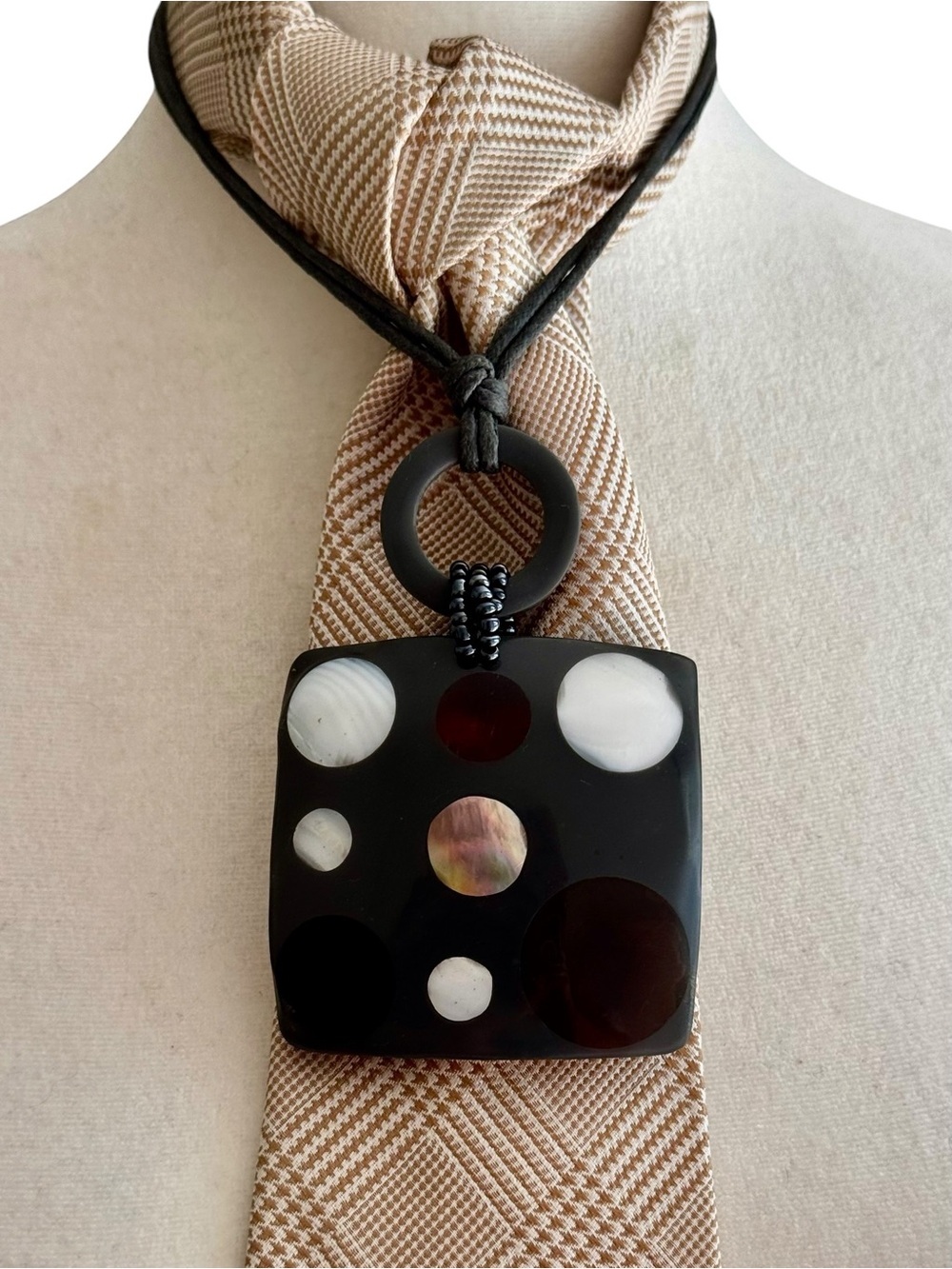 Modern Black Statement Large Polka Dot Pendant Adjustable Cord Artisan Necklace